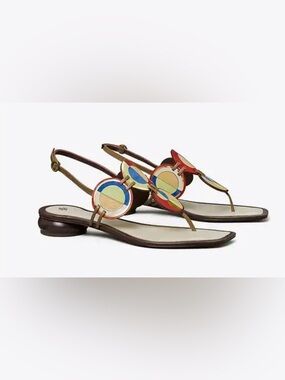 *New Tory Burch Marquetry Flat Disk Multi-color  leather sandal sz 8.5